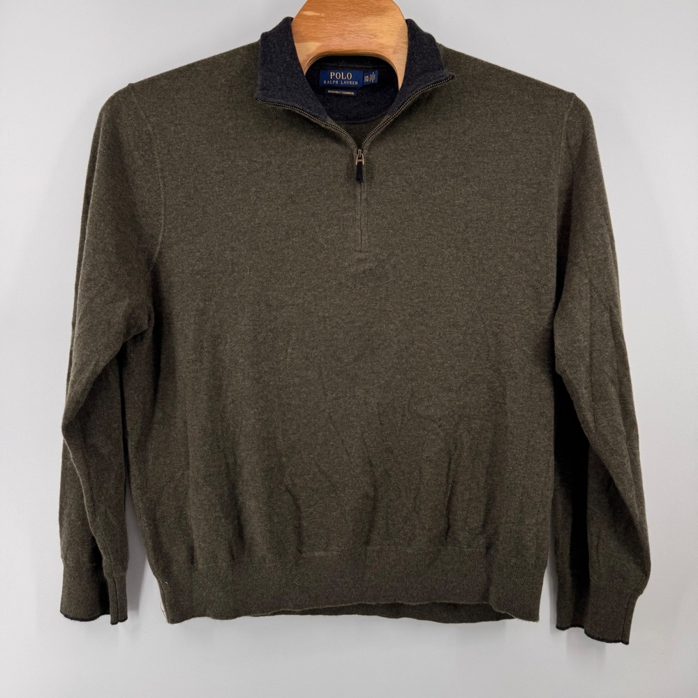 Polo Ralph Lauren Sweater Mens XXL Olive Green Washable Cashmere Quarter Zip - Picture 2 of 8
